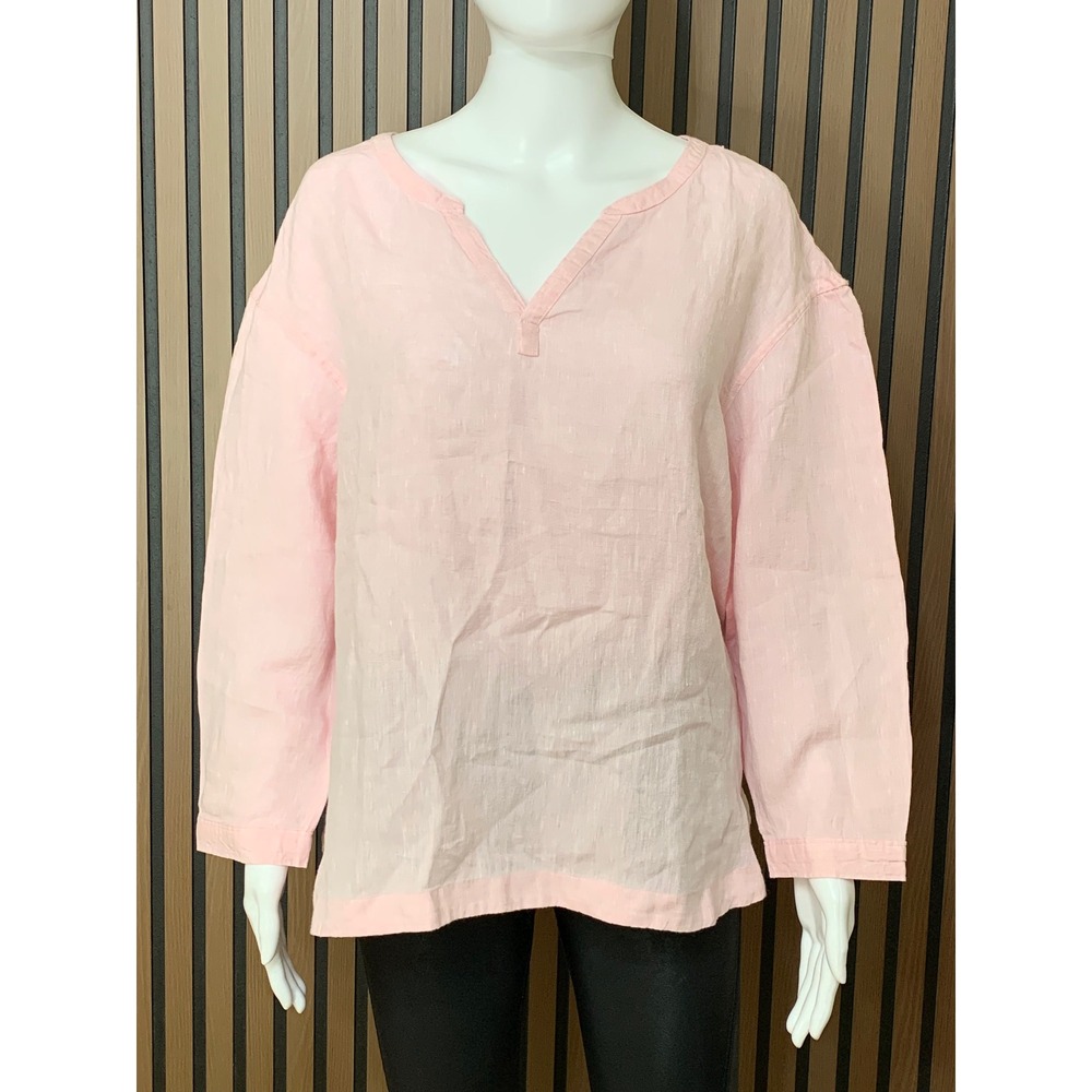 LL Bean Women's Pink 100% Linen Long Sleeve Split V-Neck Tunic Blouse XL